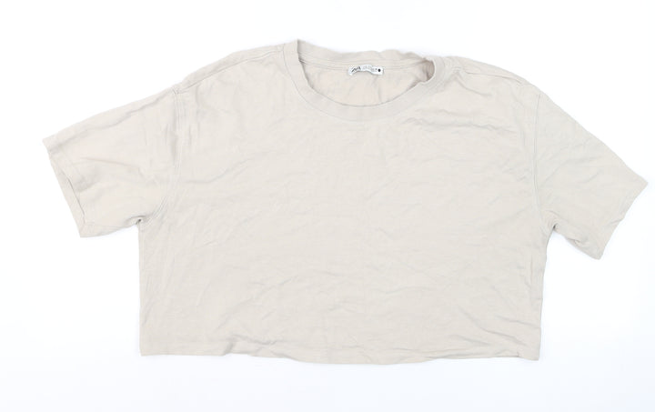 Zara Women Beige Cropped T-Shirt Short Sleeve Cotton M