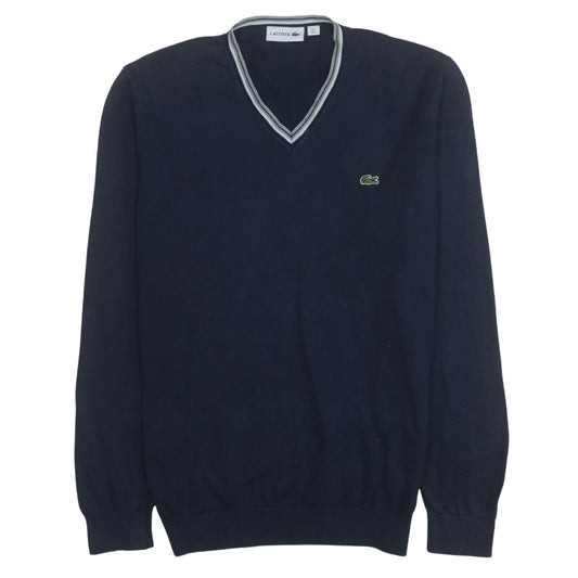 Lacoste Men's Blue Cotton V-Neck Jumper Size L Classic Knit