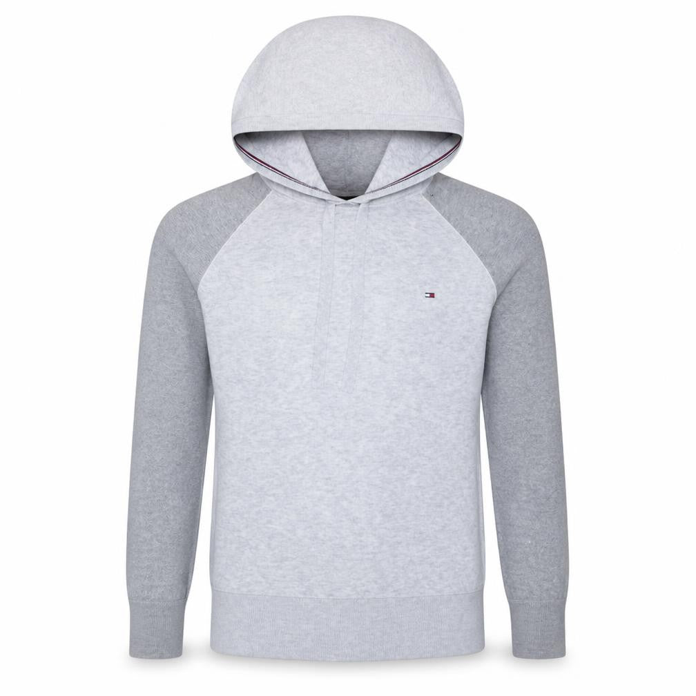Front view of Tommy Hilfiger Men’s Grey Pullover Hoodie Medium Logo Cotton