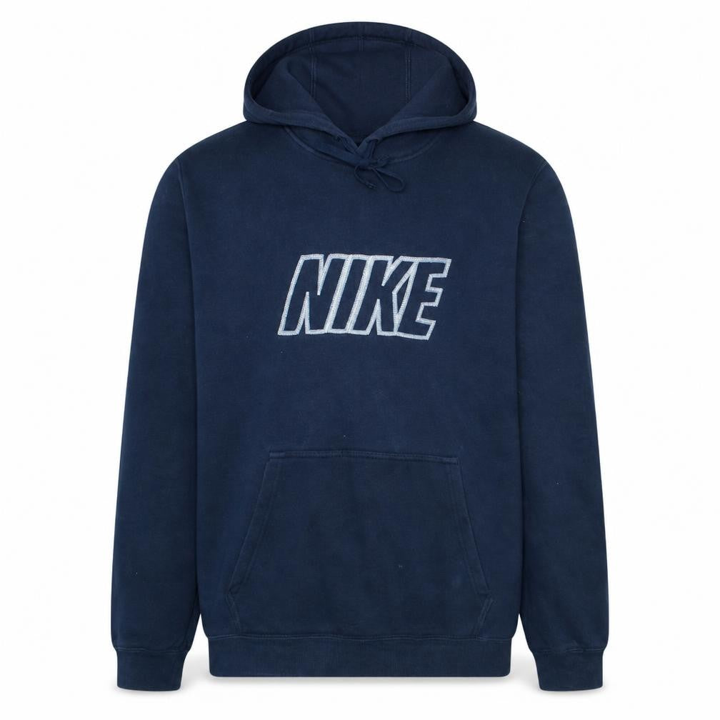 Front view of Nike Men's Navy Blue Pullover Hoodie Medium Classic Logo Cotton Blend