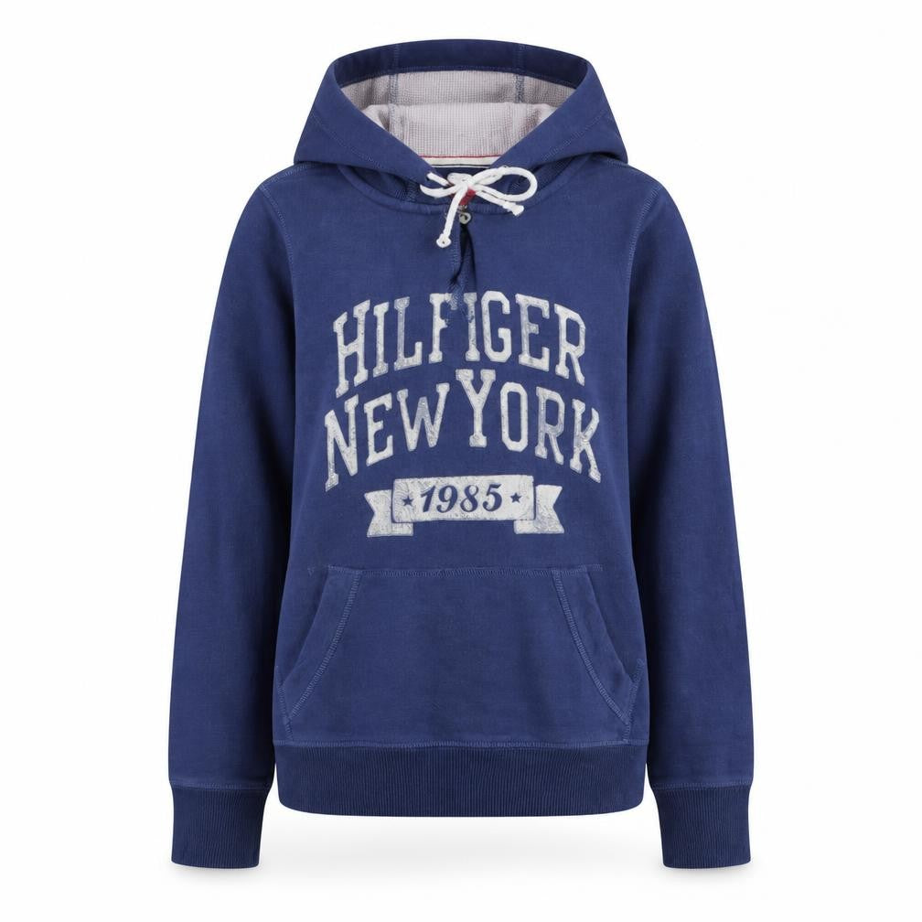 Front view of Tommy Hilfiger Denim Women's Blue Pullover Hoodie Medium
