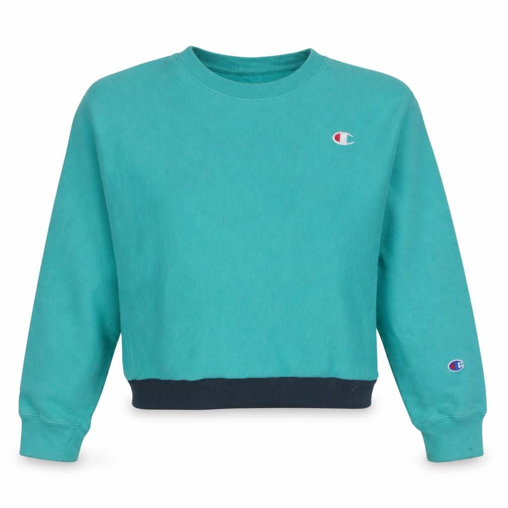 Front view of Champion women’s teal reverse weave sweatshirt medium crew neck cotton blend