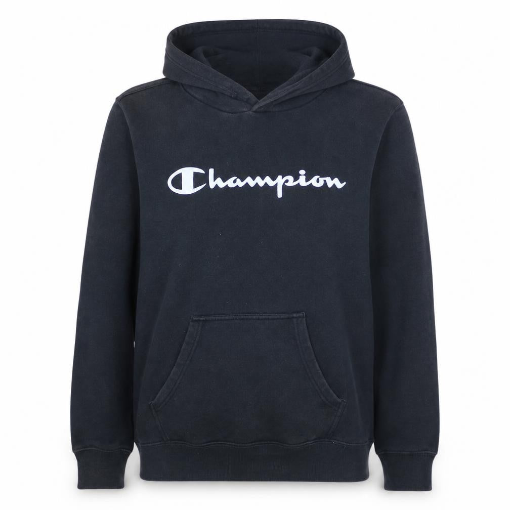 Front view of Champion women’s black small pullover hoodie logo print