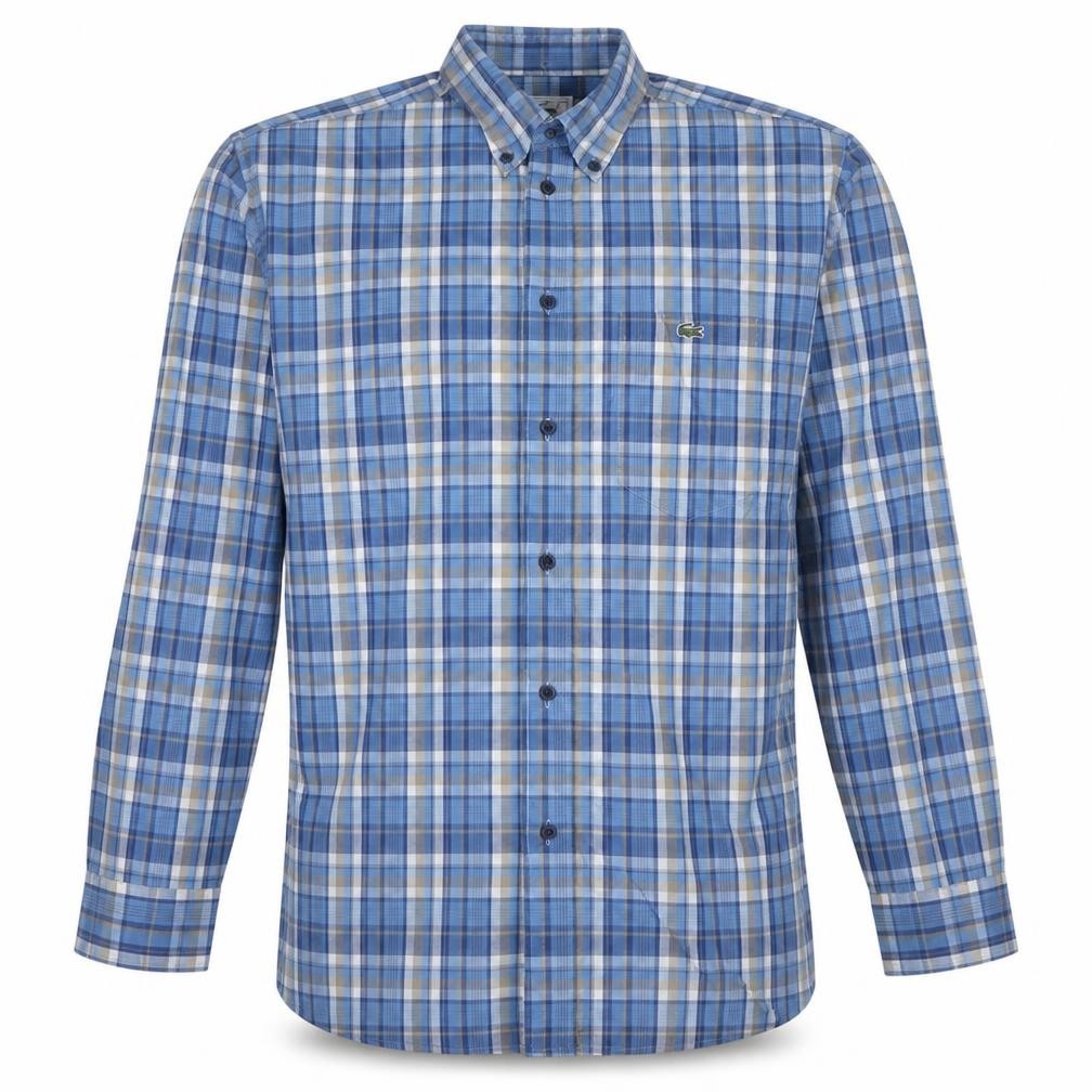 Front view of Lacoste Men's Blue Checked Button-Down Long Sleeve Cotton Shirt 16.5