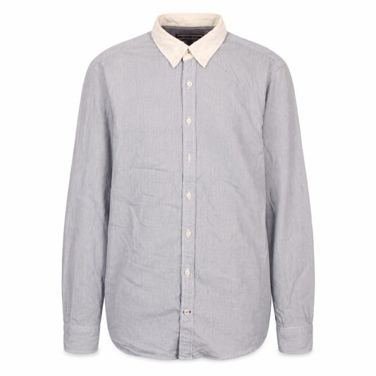 Front view of Tommy Hilfiger Men's Blue Striped Button-Down Shirt, size S, New York Fit