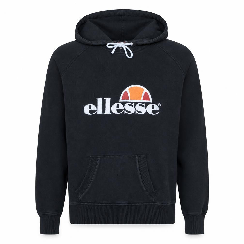 Front view of Ellesse Men's Black Pullover Hoodie M Logo Fleece Sweatshirt