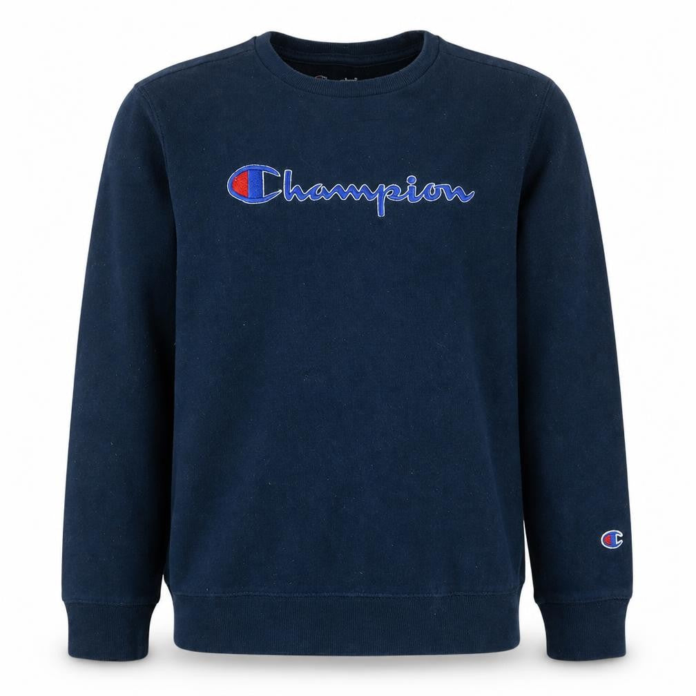 Front view of Champion boys’ blue pullover sweatshirt l logo embroidered fleece