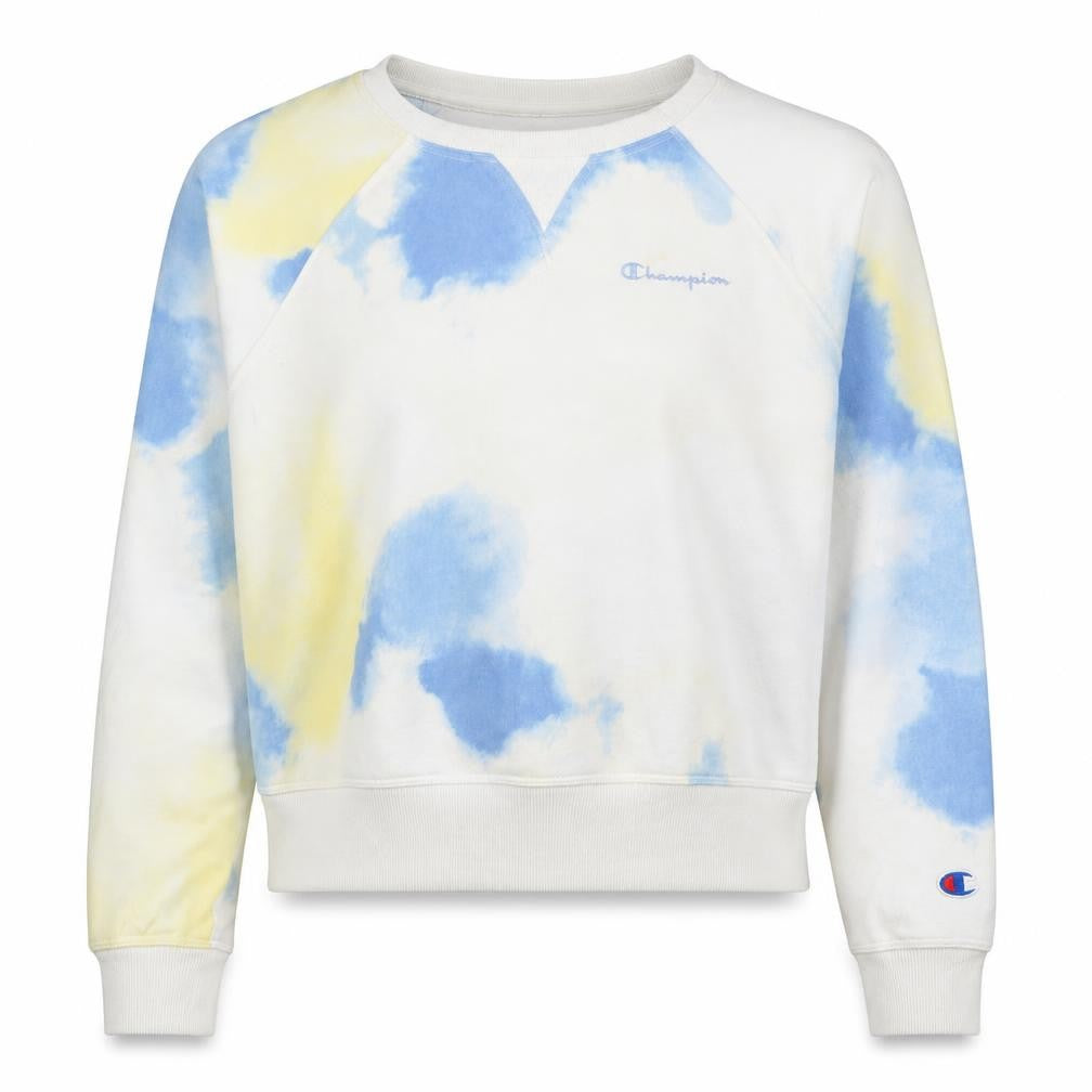Front view of Champion women’s blue yellow tie-dye pullover sweatshirt l