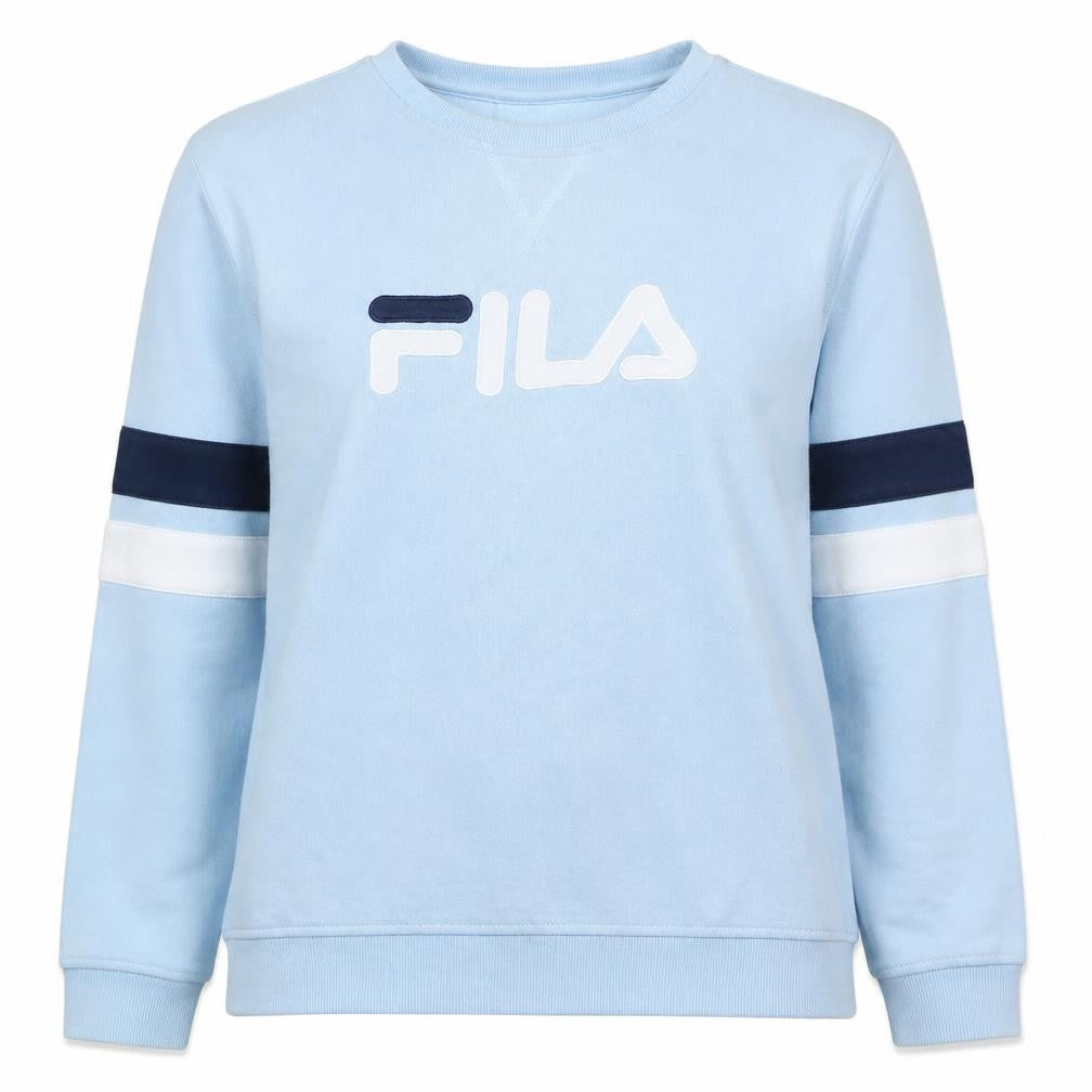Front view of Fila women’s light blue crew neck logo sweatshirt xl