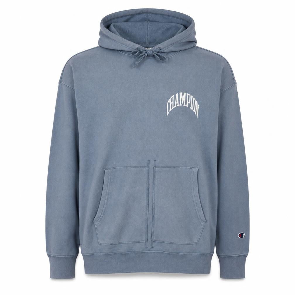 Front view of Champion Men’s Blue Pullover Hoodie Medium Logo Sportswear