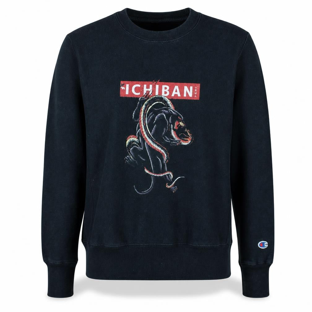 Front view of Champion Men's Black Ichiban Graphic Pullover Sweatshirt, size S
