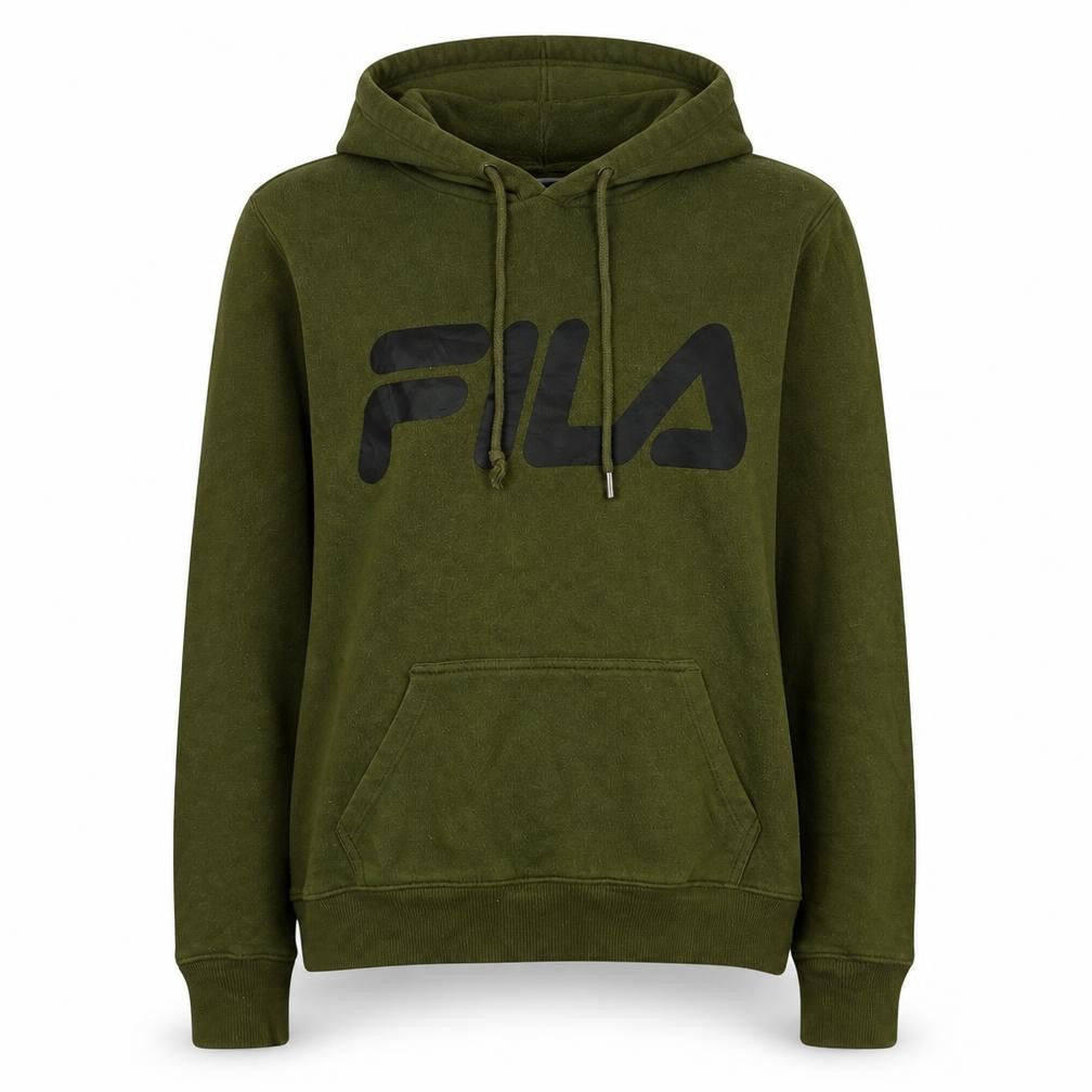 Front view of Fila women’s green pullover hoodie, size L, logo casual sweatshirt