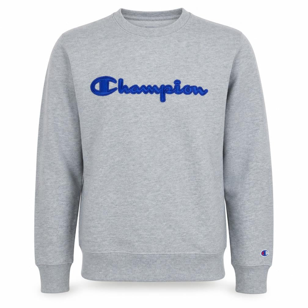 Front view of Champion Men's Grey Small Crew Neck Embroidered Logo Sweatshirt