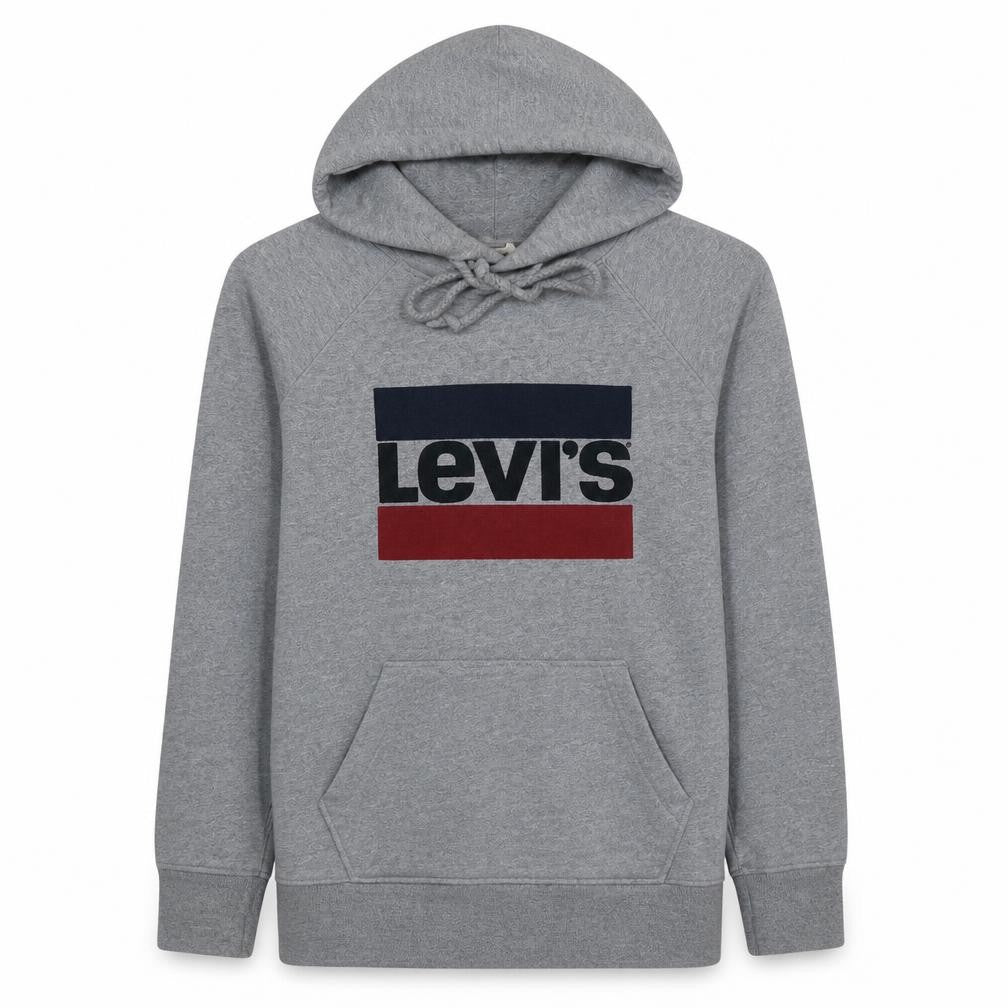 Front view of Levi's men’s grey pullover hoodie medium logo print fleece