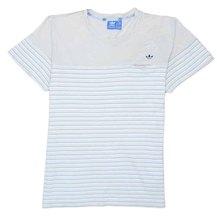Adidas Men White Striped Cotton Crew Neck Short Sleeve T-Shirt L