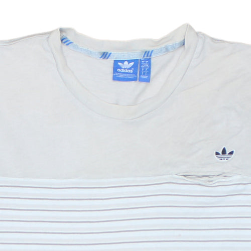Adidas Men White Striped Cotton Crew Neck Short Sleeve T-Shirt L