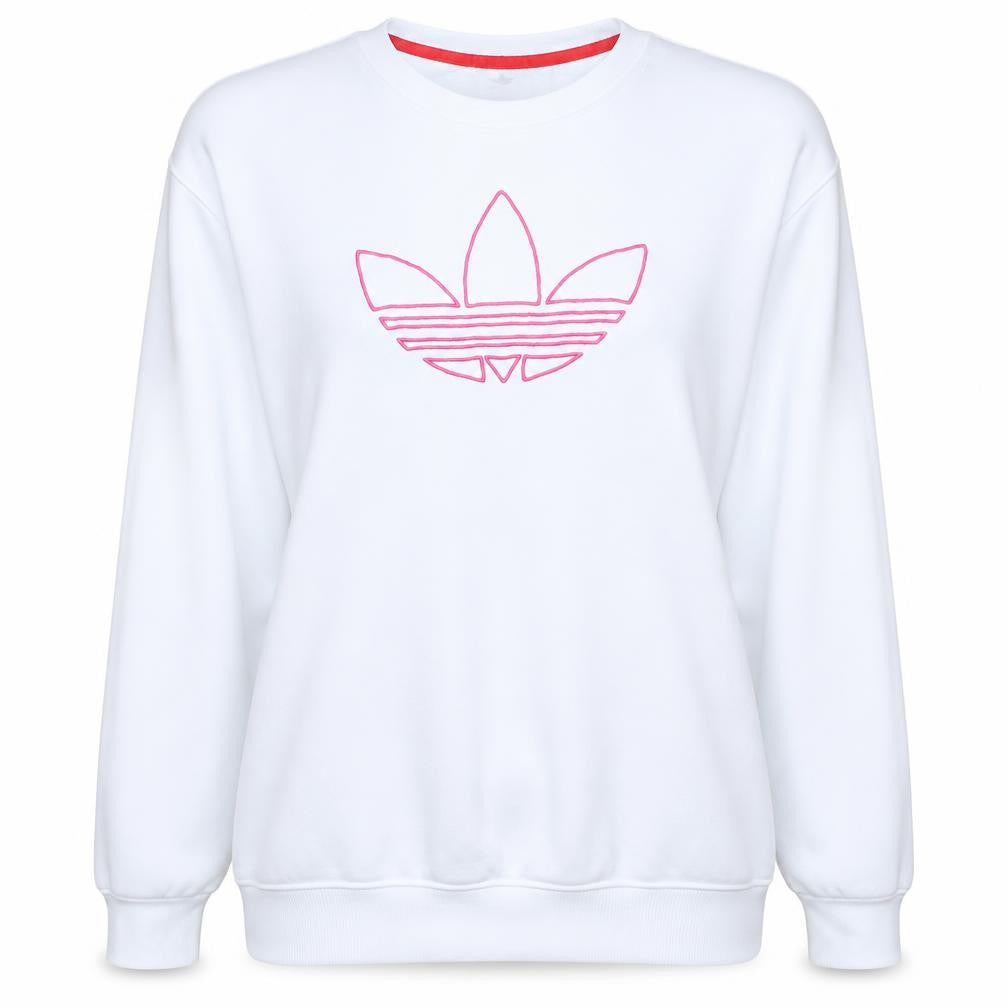 Front view of Adidas women’s white sweatshirt, size UK 12, crew neck logo pullover