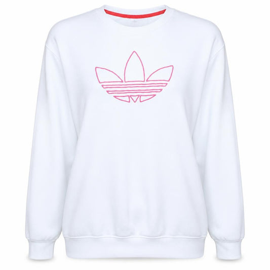Front view of Adidas women’s white sweatshirt, size UK 12, crew neck logo pullover