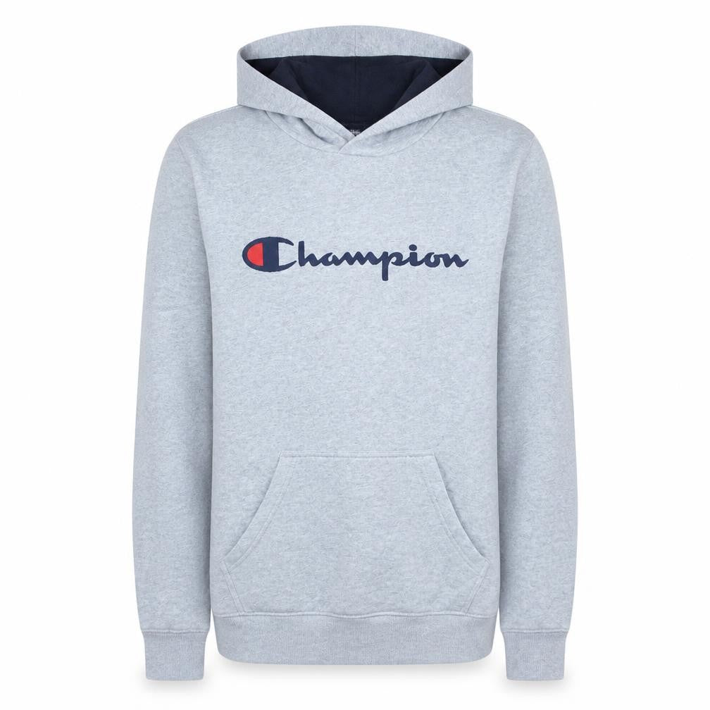 Front view of Champion Men's Grey Pullover Hoodie Small Logo Fleece Sweatshirt