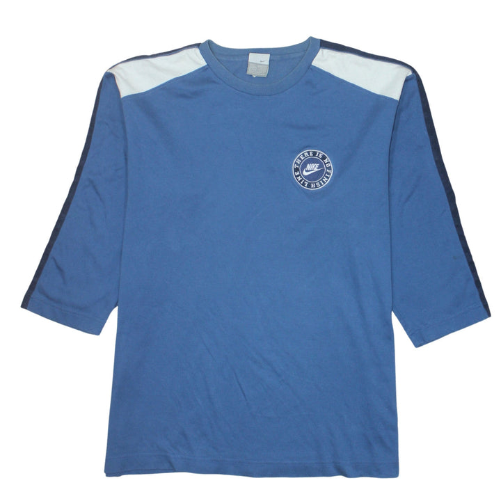 Nike Men's Blue 3/4 Sleeve Crew Neck Sports Top L Vintage