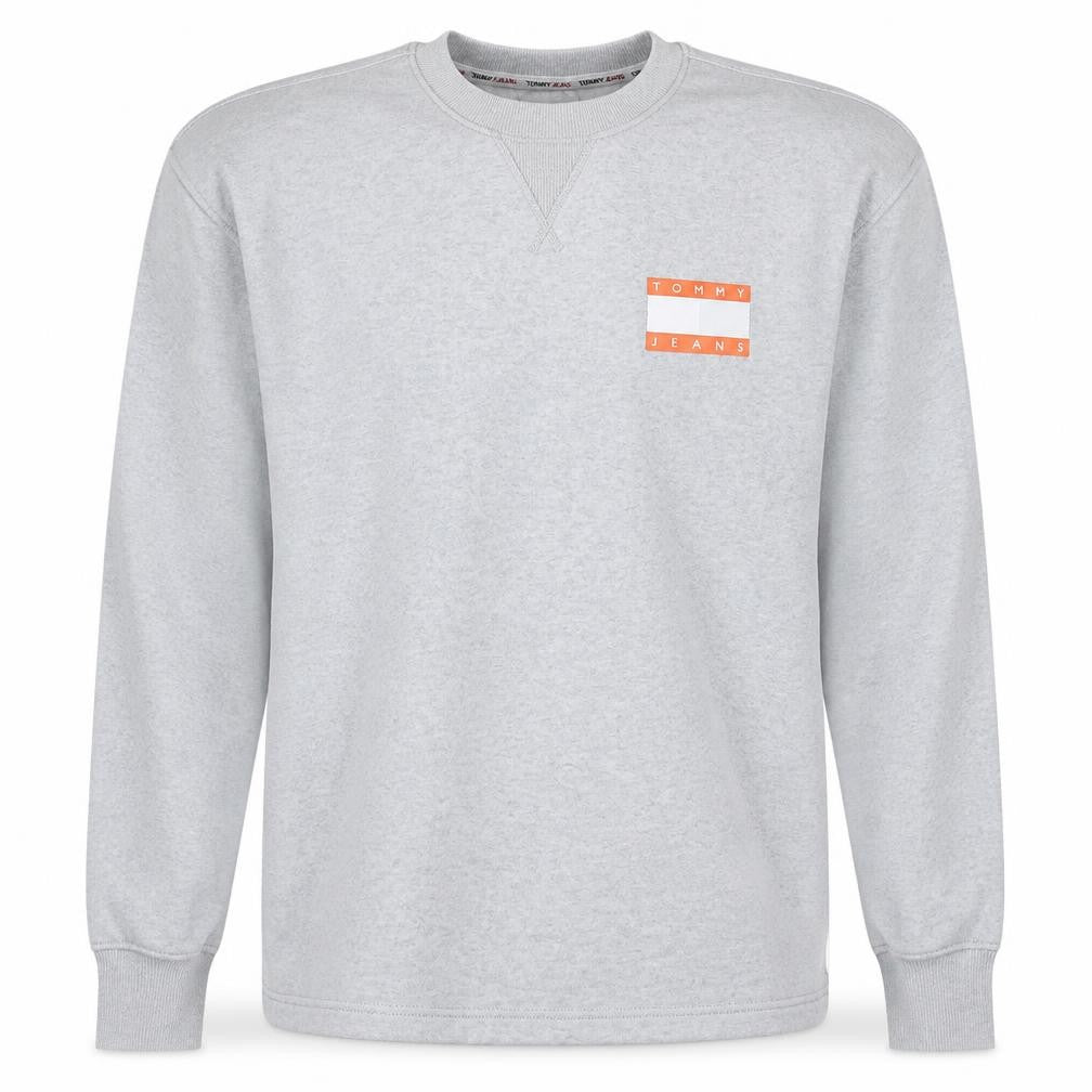 Front view of Tommy Jeans men’s grey logo crew neck pullover sweatshirt m