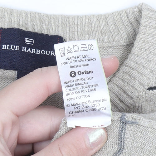 Marks and Spencer Blue Harbour Men's Beige Striped Cotton Jumper S