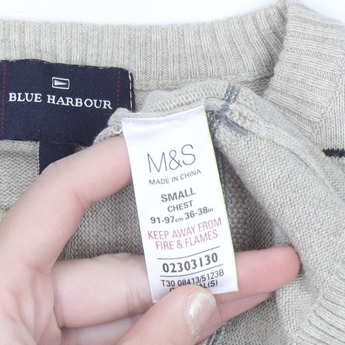 Marks and Spencer Blue Harbour Men's Beige Striped Cotton Jumper S