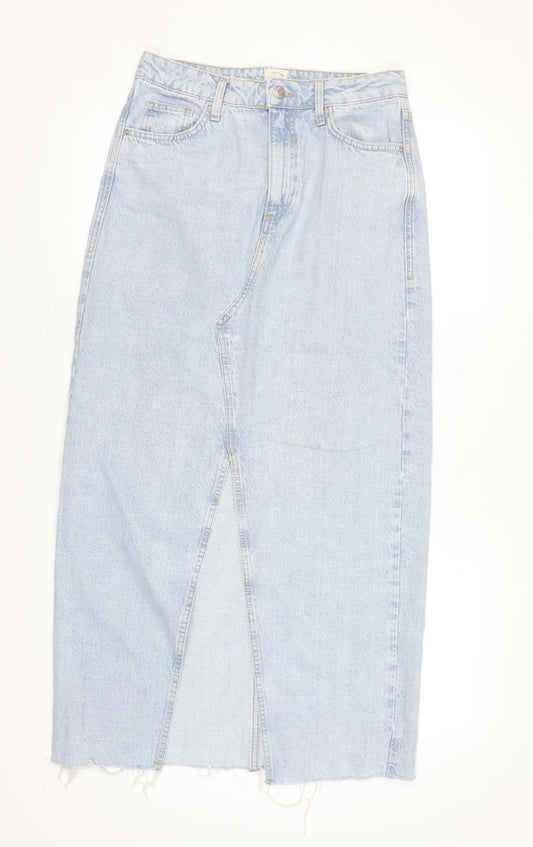 River Island Women Blue Denim Midi Skirt Size 8 Straight High Waist