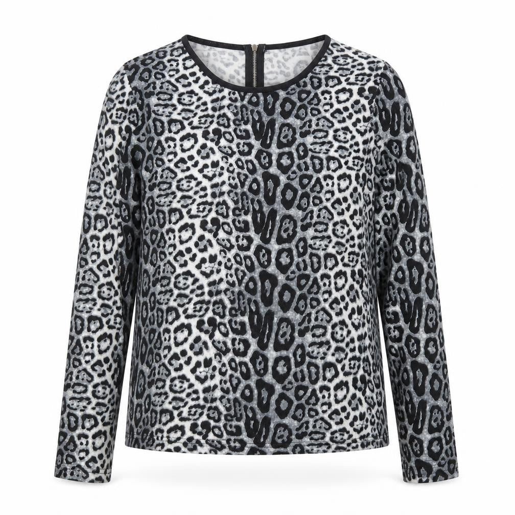 Front view of Paramour Women's Grey Animal Print Long Sleeve Blouse, size S