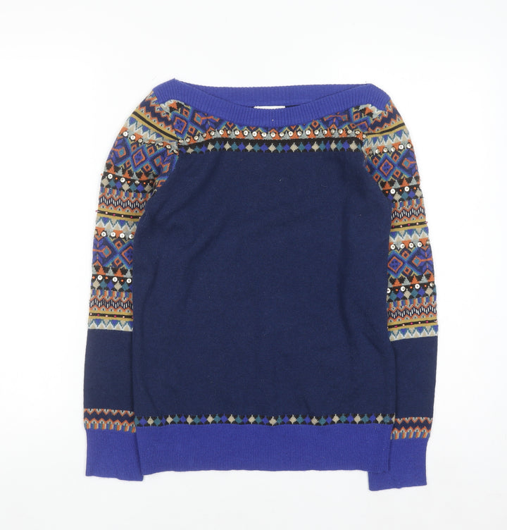 Monsoon Women’s Blue Wool Blend Sequin Fair Isle Jumper Size S