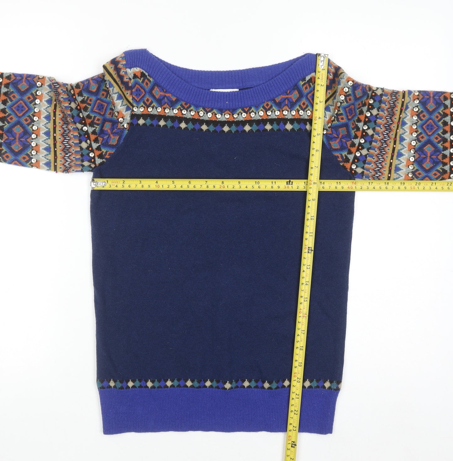 Monsoon Women’s Blue Wool Blend Sequin Fair Isle Jumper Size S