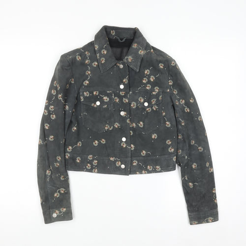 AllSaints Womens Grey Floral Suede Leather Fraise Jacket Size 6