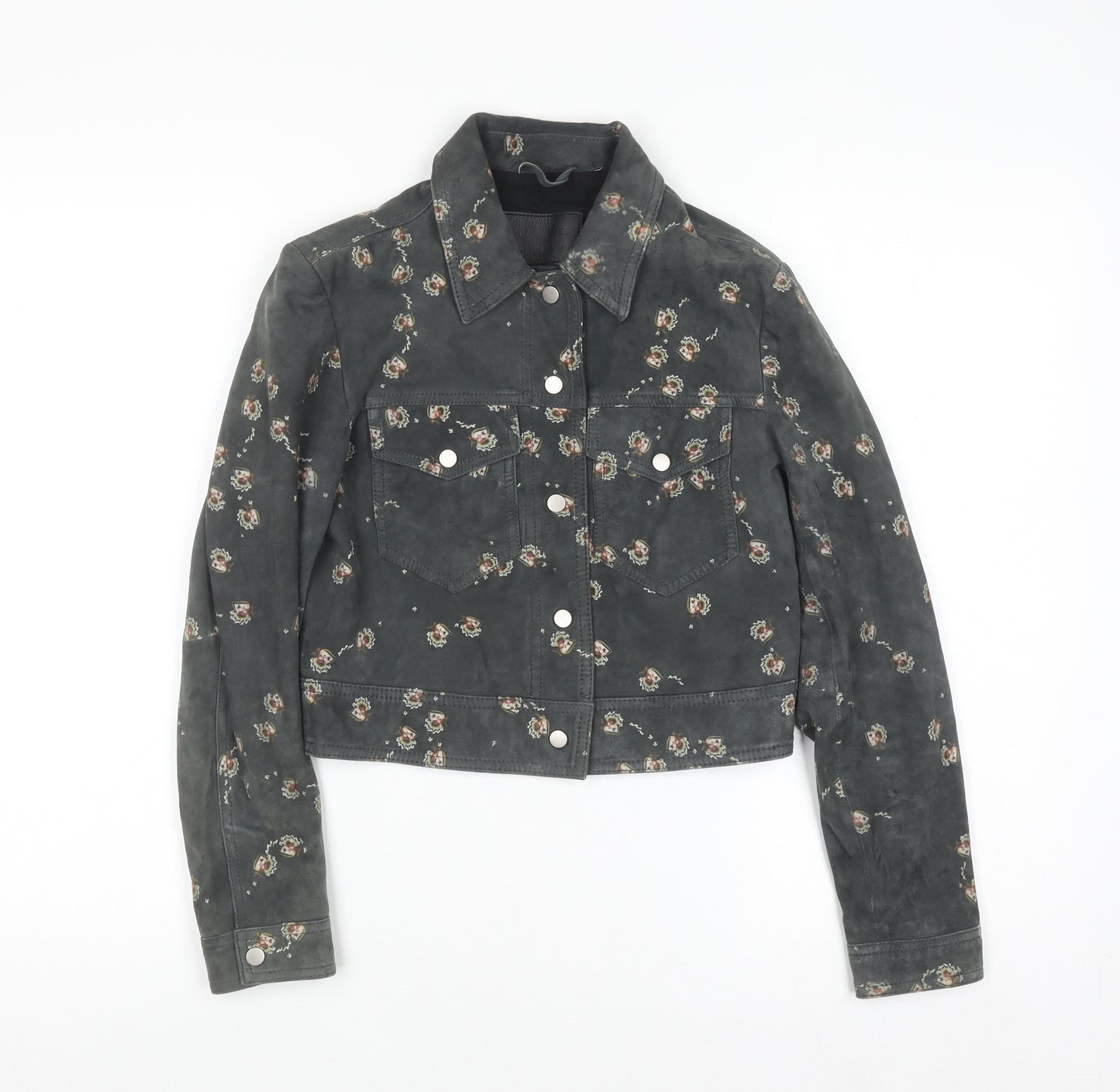 AllSaints Womens Grey Floral Suede Leather Fraise Jacket Size 6