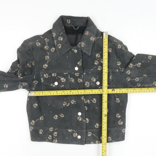 AllSaints Womens Grey Floral Suede Leather Fraise Jacket Size 6