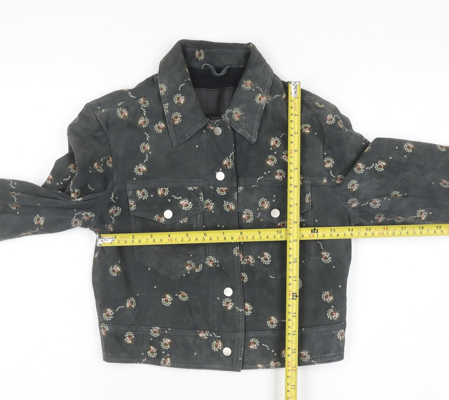 AllSaints Womens Grey Floral Suede Leather Fraise Jacket Size 6