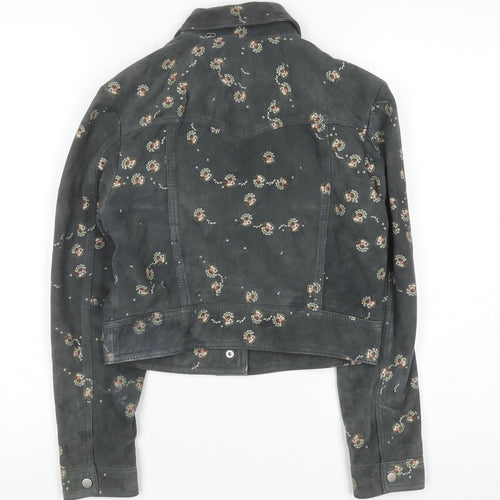 AllSaints Womens Grey Floral Suede Leather Fraise Jacket Size 6