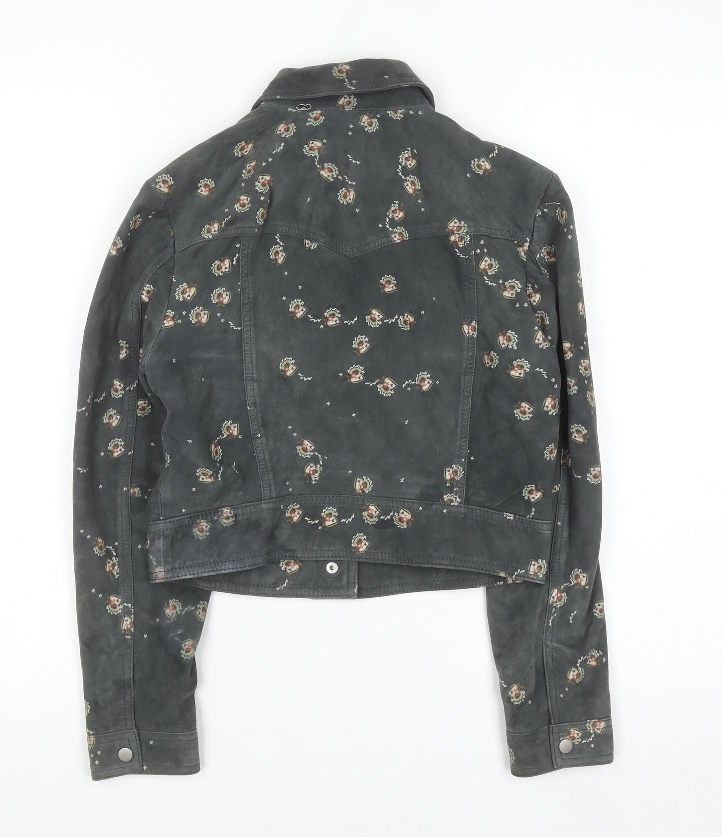AllSaints Womens Grey Floral Suede Leather Fraise Jacket Size 6
