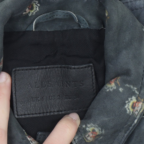 AllSaints Womens Grey Floral Suede Leather Fraise Jacket Size 6