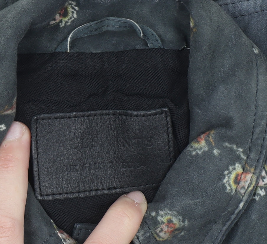 AllSaints Womens Grey Floral Suede Leather Fraise Jacket Size 6