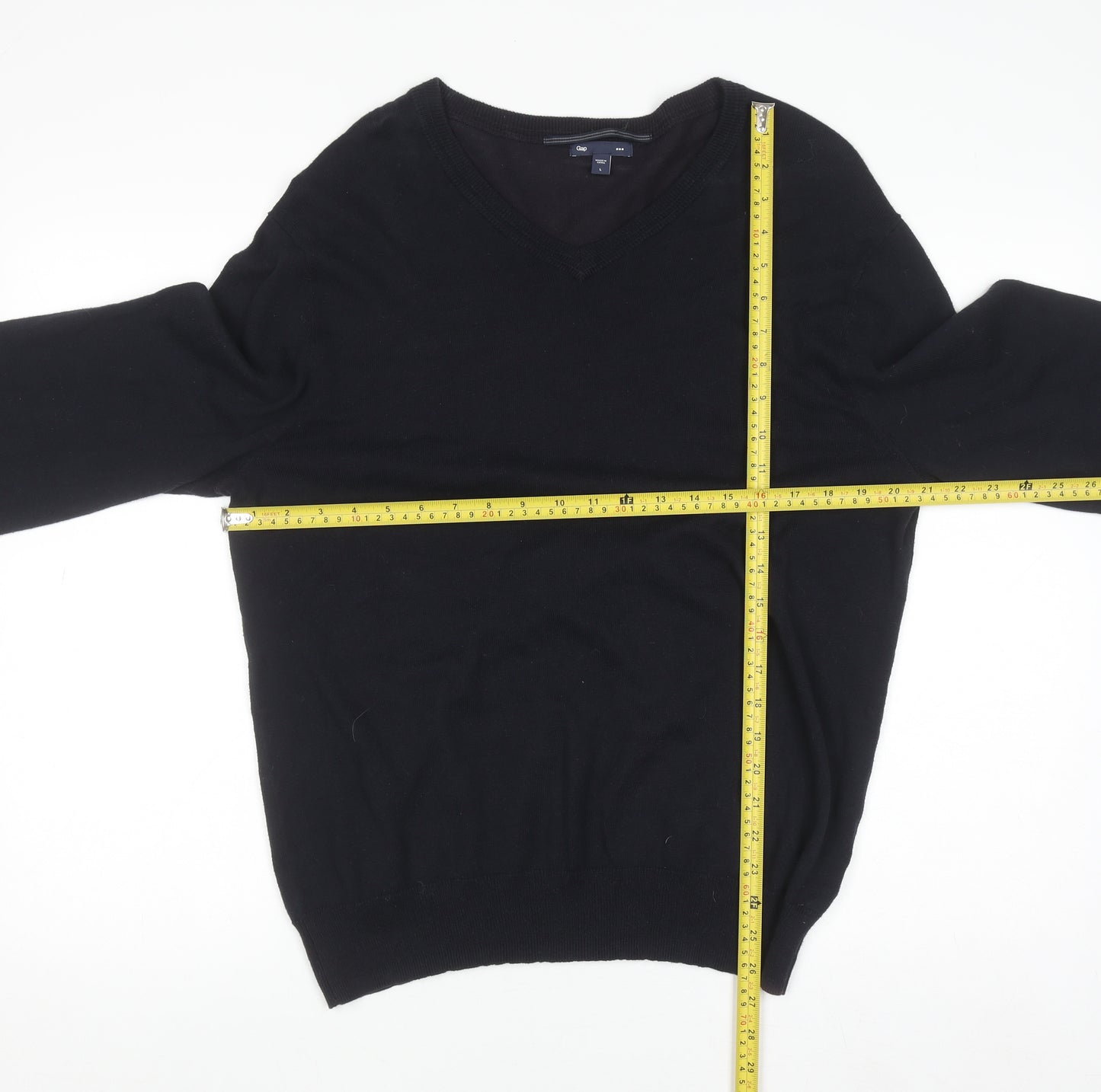 Gap Men's Black Cotton V-Neck Jumper Size L Classic Knit
