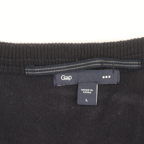 Gap Men's Black Cotton V-Neck Jumper Size L Classic Knit