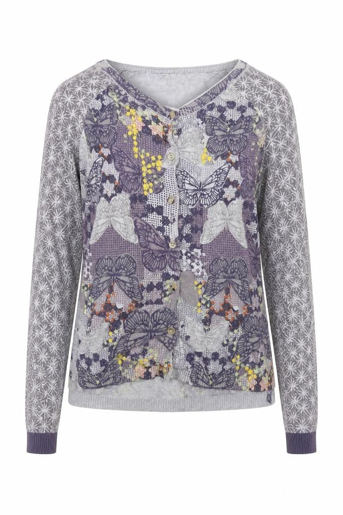 Front view of White Stuff women’s grey butterfly button cardigan, size UK 8, cotton knit