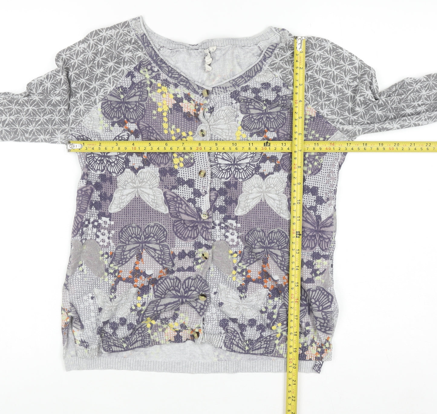 White Stuff Womens Grey Butterfly Button Cardigan Size 8 Cotton Knit