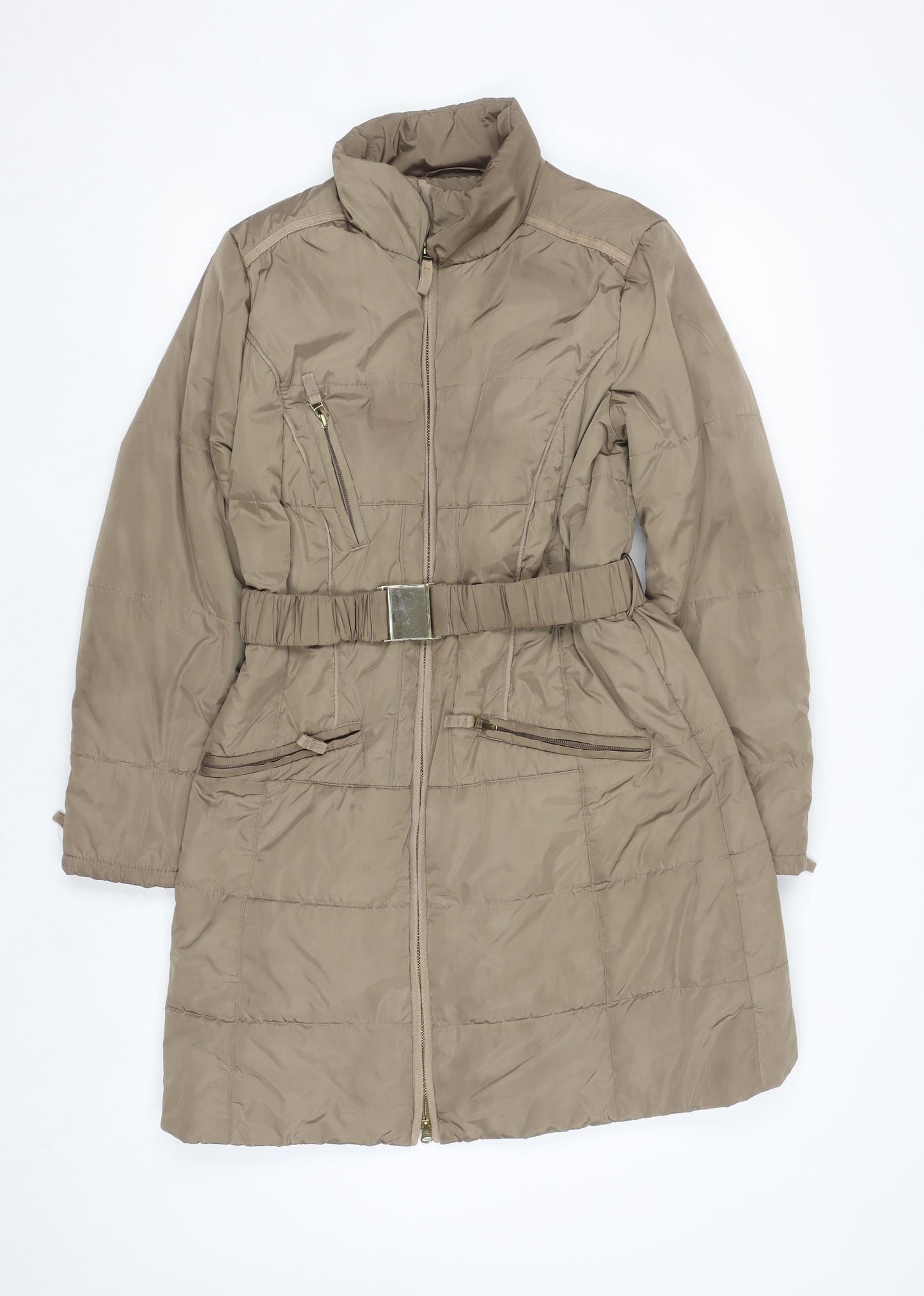 Marks & Spencer Per Una Women's Brown Long Puffer Coat M Belted Shower Resistant