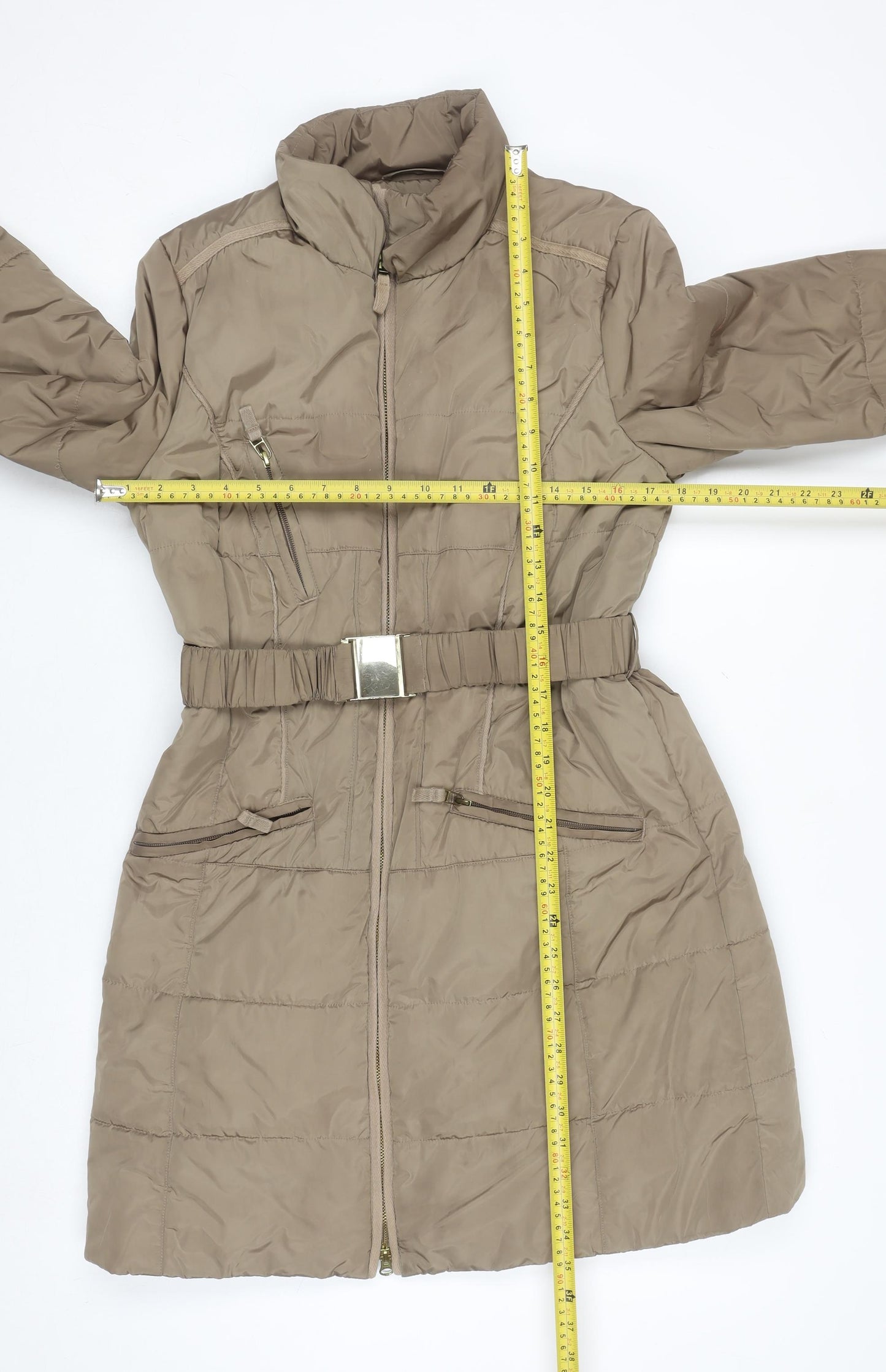 Marks & Spencer Per Una Women's Brown Long Puffer Coat M Belted Shower Resistant