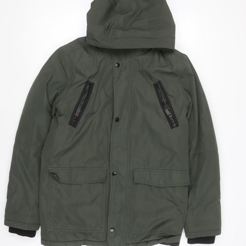 H&M Girls Green Hooded Parka Coat 13-14 Years Polyester Lined Winter Jacket