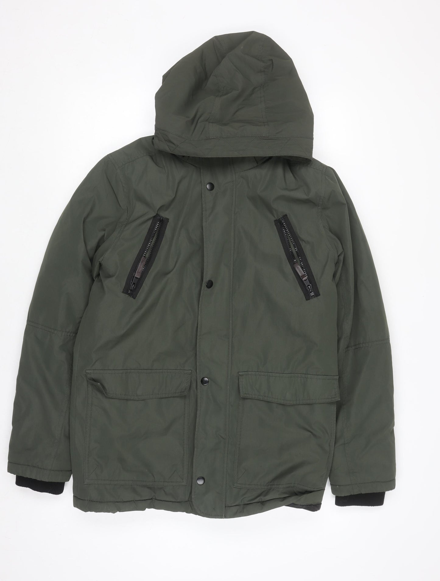 H&M Girls Green Hooded Parka Coat 13-14 Years Polyester Lined Winter Jacket