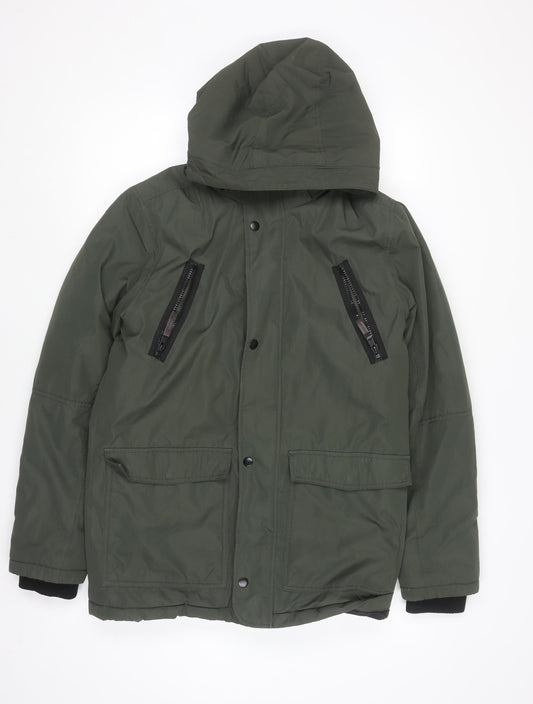 H&M Girls Green Hooded Parka Coat 13-14 Years Polyester Lined Winter Jacket