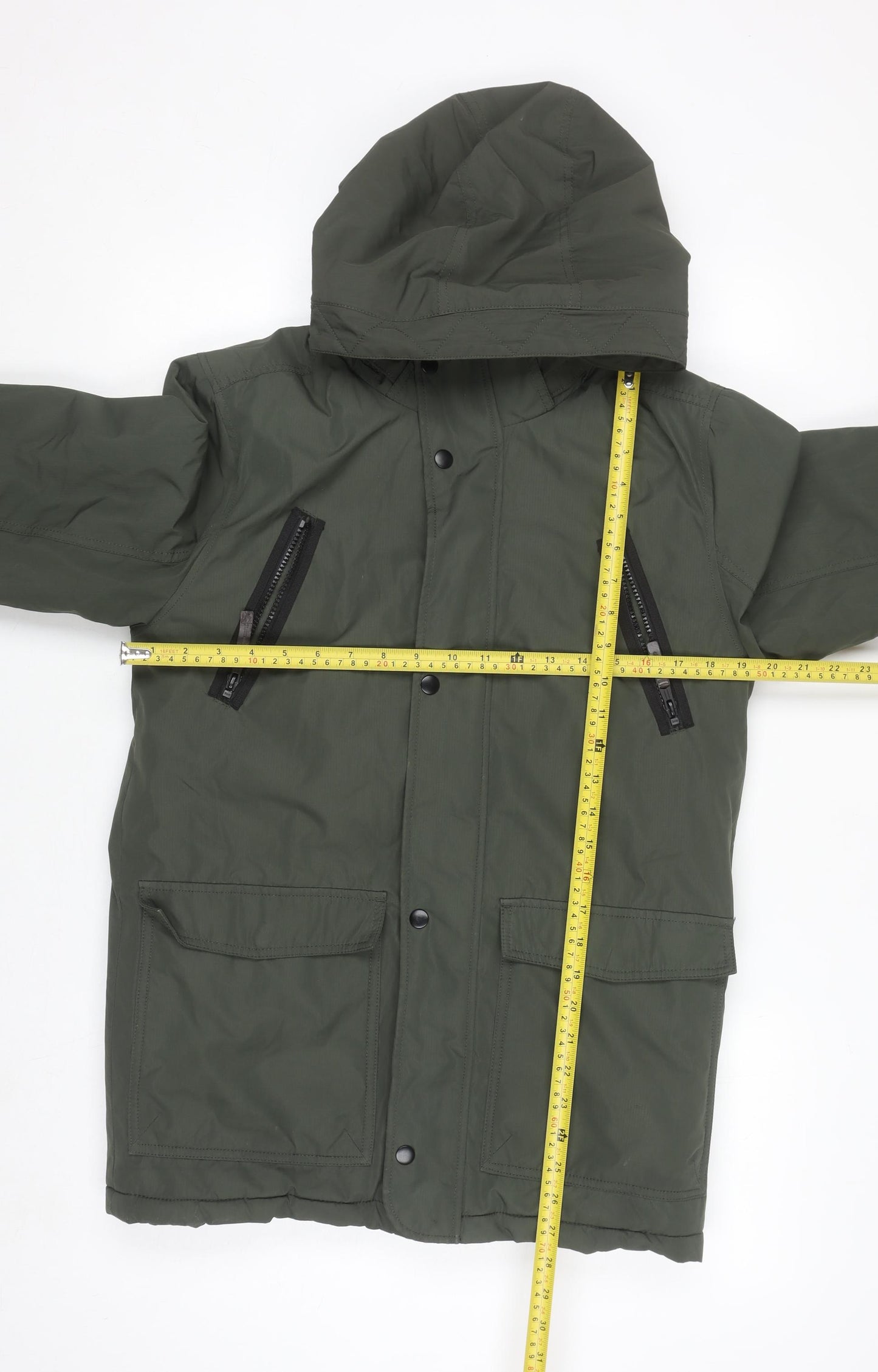 H&M Girls Green Hooded Parka Coat 13-14 Years Polyester Lined Winter Jacket