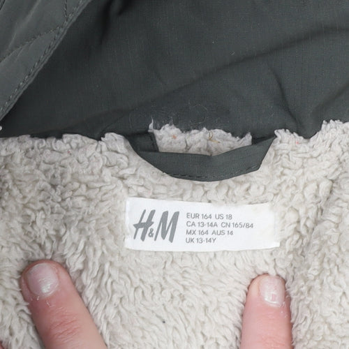 H&M Girls Green Hooded Parka Coat 13-14 Years Polyester Lined Winter Jacket